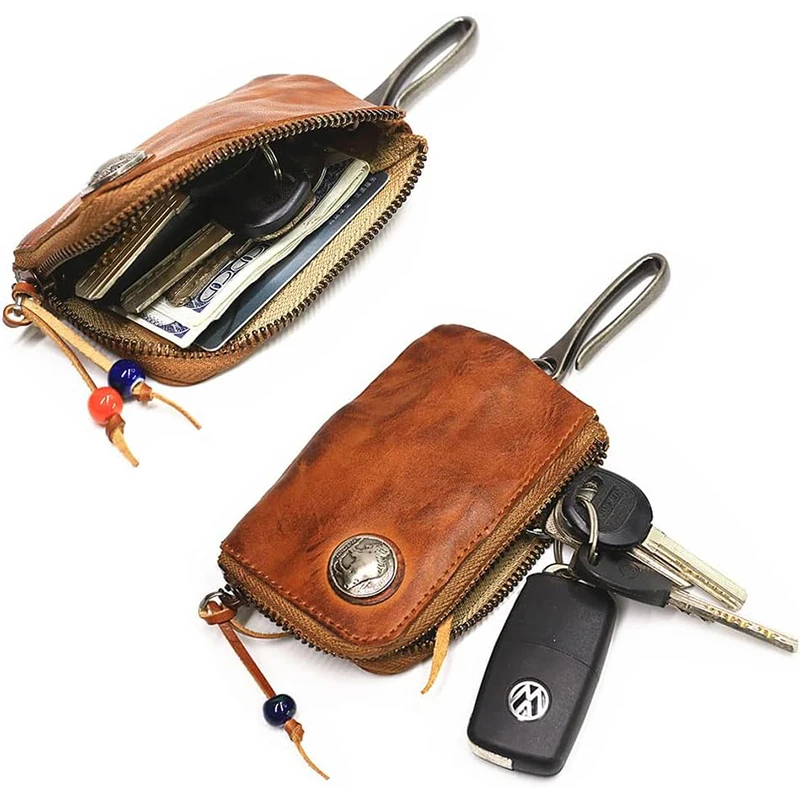 Leather Key Bag Mini Medieval Pouch Keychain Coin Organizer Change Holder Genuine Leather Zipper Key Fob Pouch for Men & Women