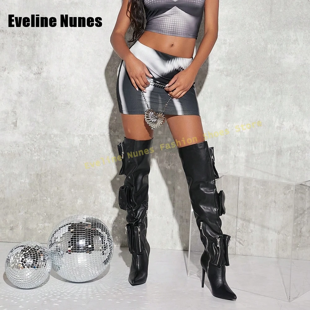 2025 المنصة جيب أحذية طويلة وأشار رو خنجر المرقعة النساء فوق الركبة الأحذية فتاة حار أحذية مثيرة الشارع نمط الاتجاه #3