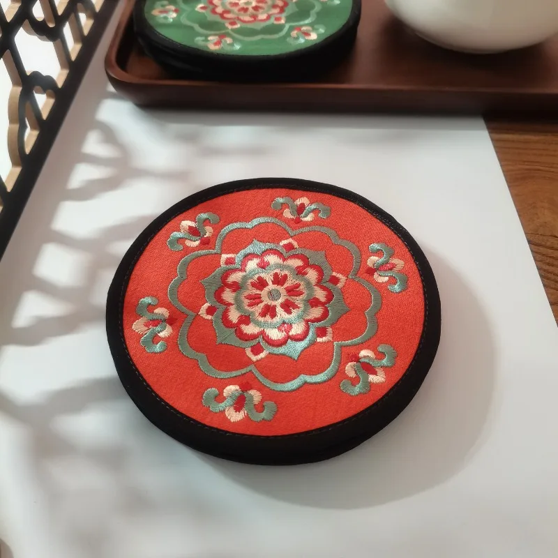 Chinese Style Pure Cotton Embroidered Floral Tea Cup Coaster Folk Handmade Souvenir Small Gift for Overseas Students Tea Lovers
