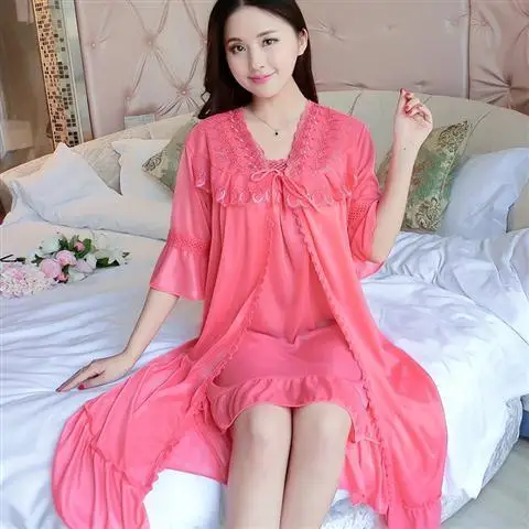 Robe Gown Sets Women 2pcs Solid Ice-silk Trendy Casual Lace Up Home Popular 3XL Loose Nightwear Sexy Thin Womens Bathrobe Chic