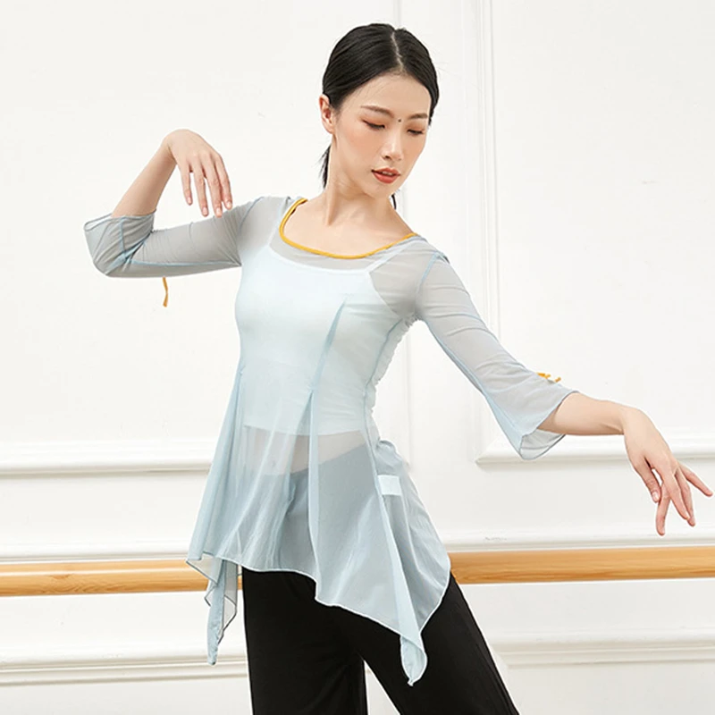 Classical Dance Tops Body Rhyme Women Square Neck Mesh Sheer Blouse Middle Sleeve Folk Dancing Costumes Flowy Hem Stage Clothes