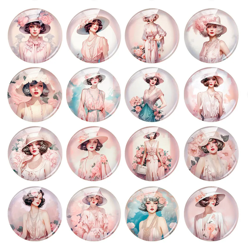 Random Mixed Round/Oval/Square Pink Fashion Lady Rose Flower Photo Glass Cabochon Flatback Demo Cameo For Diy Jewelry Making