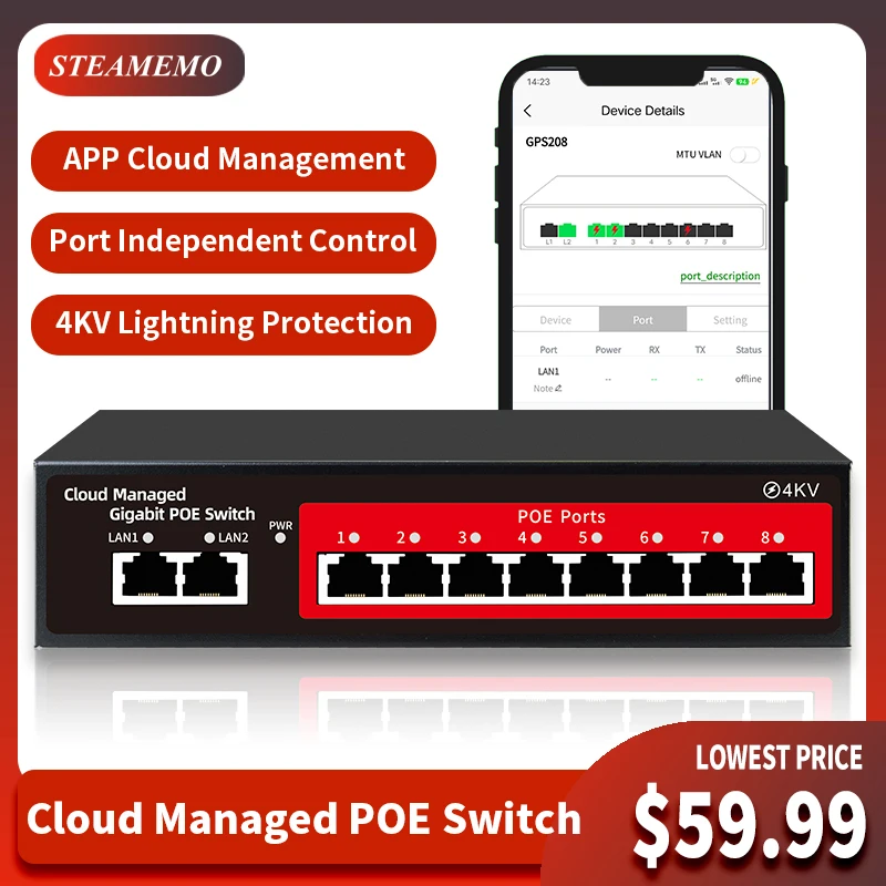 Switch POE alimentado por nuvem, 48V, área de trabalho ativa, 100 Mbps, 1000Mbps, SFP, interruptor de controle APP, Pulg e Play