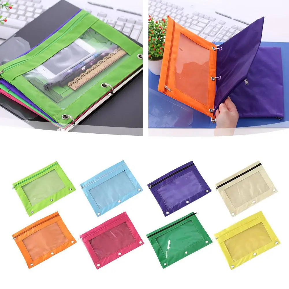 

3 Holes Pencil Case Zipper Pouch Transparent Loose-Leaf Binder Oxford Cloth School Stationery File Storage Bag Office Supplies