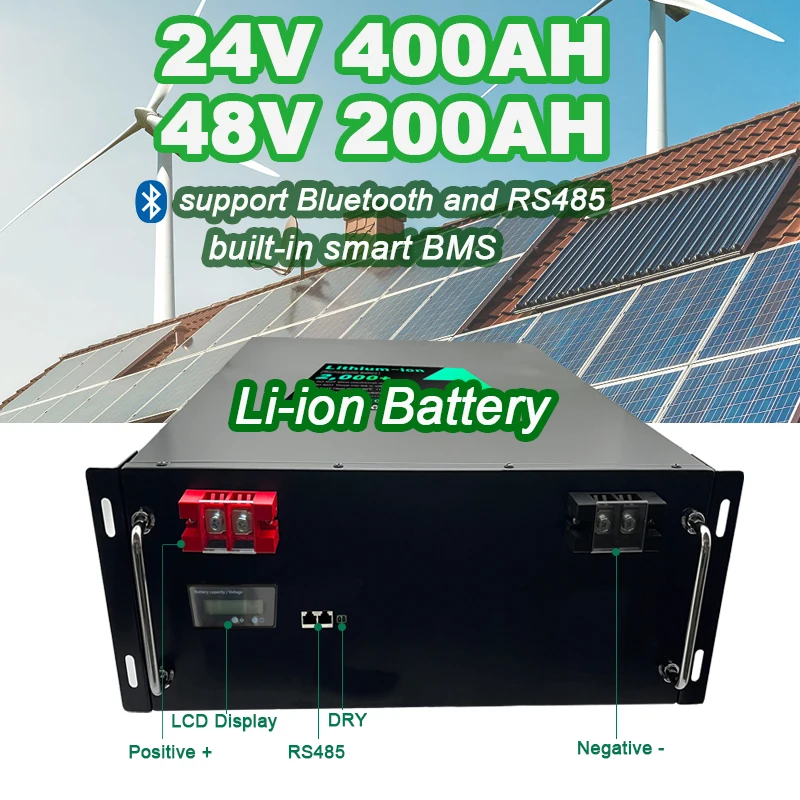 Batería de polímero de litio de 24V, 400Ah, 48V, 200Ah, con cargador, aplicación Bluetooth, BMS, RS485, para inversor UPS, almacenamiento de energía Solar