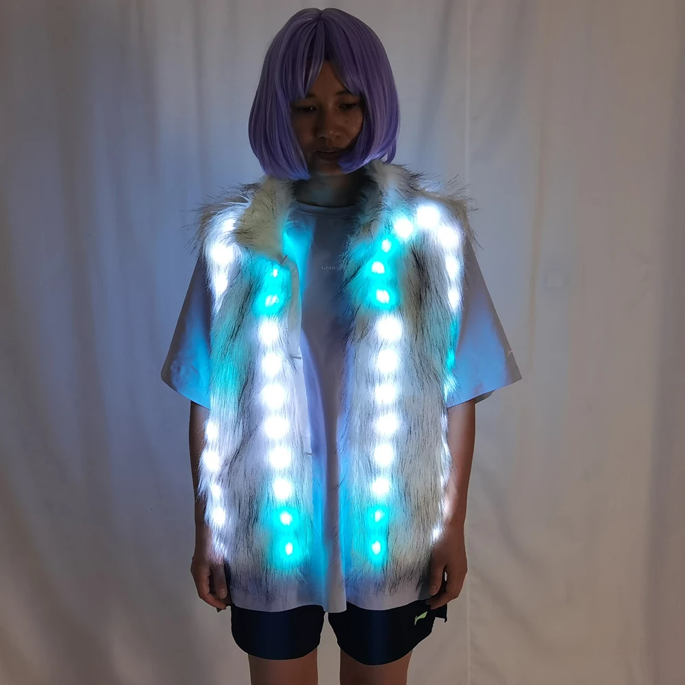 LED Luminous Faux Fur Coat for Women Glowing LED DJ Costume for Nightclub Bar Dance Show Christmas Halloween Party Cospaly