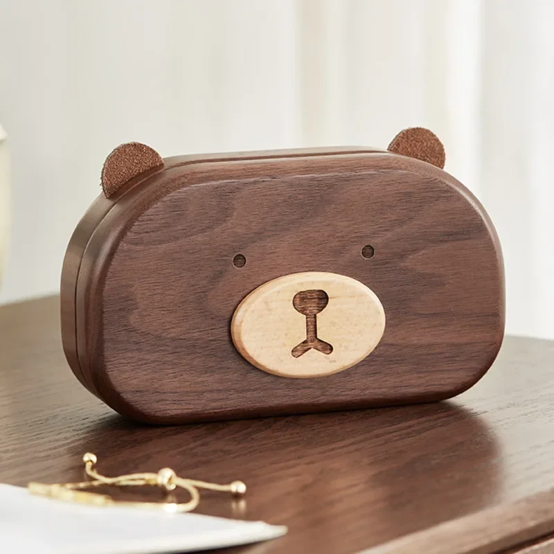 Walnut Wood Bear Jewelry Box Small Portable Exquisite Ring Necklace Storage Box Anti Oxidation Travel Organization Bins