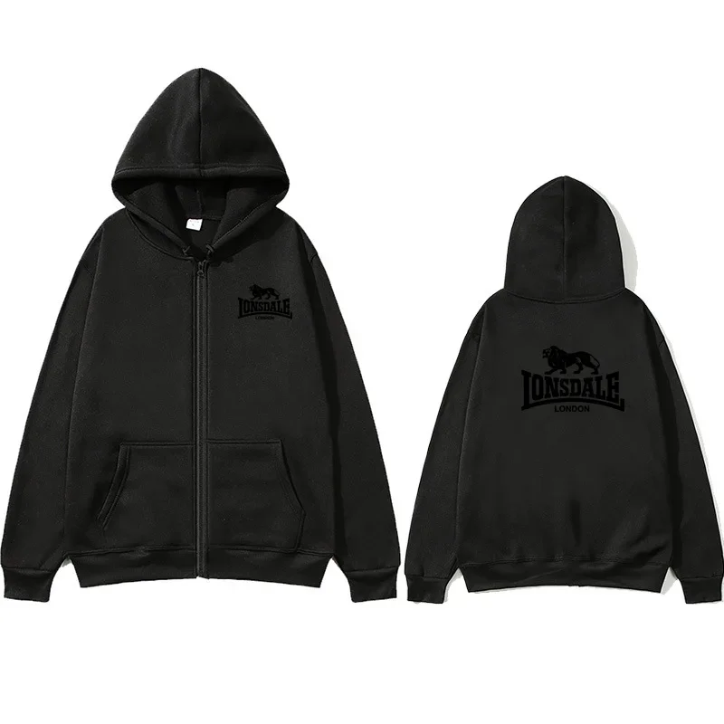 LONSDALE-Sudadera con capucha y cremallera para hombre y mujer, suéter holgado de manga larga con estampado, estilo perezoso, pr