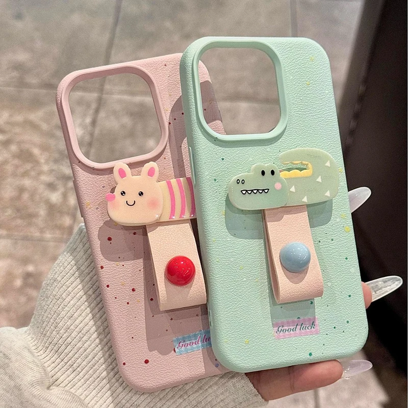 Korean Cute 3D Dog Cat Rabbit Finger Ring Support Phone Case For iPhone 16 15 14 13 11 12 Pro Max Plus X XS Holder Stand Cover image 2