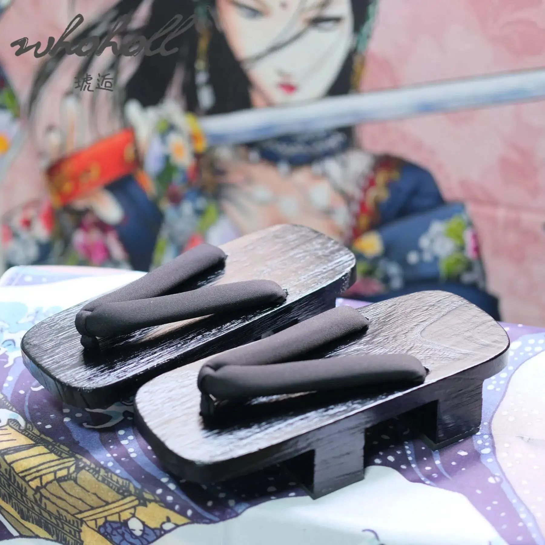 Chanclas Geta de madera japonesas de dos dientes con pintura negra Unisex, zapatillas para hombre y mujer, zuecos de madera con plataforma gruesa de Anime Coplay