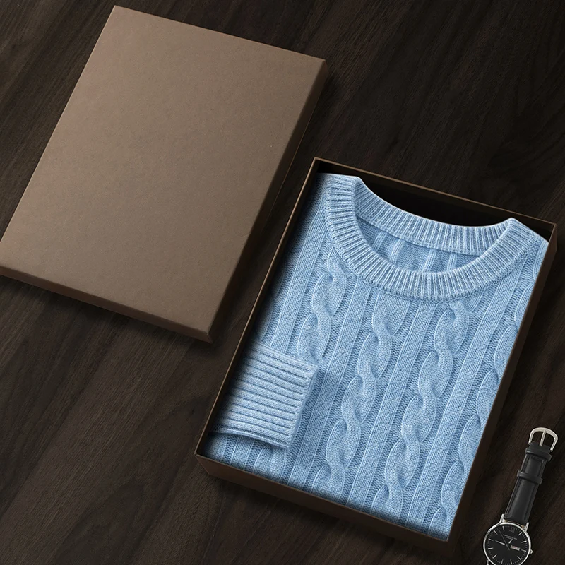 Autumn Winter New 100% Cashmere Sweater Men's Round Neck Cable Knit Five-Needle Three-Ply Thickened Sweater Knitted Base Shirt