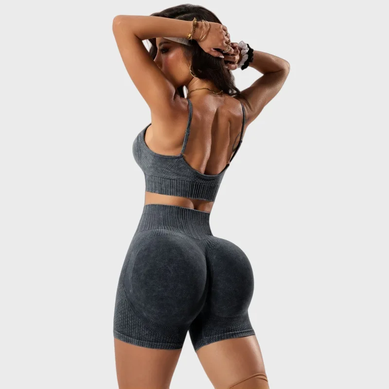 Breathable Sand Washed Two Piece Yoga Outfit Anti-Shock Sports Vest High Waist Tight Shorts Casual Outdoor Fitness Running Wear