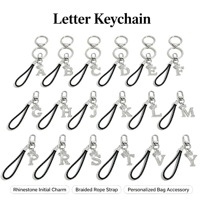 Fashion English‑letter car bag charm keychain, braided rope key ring, leather rope key accessories