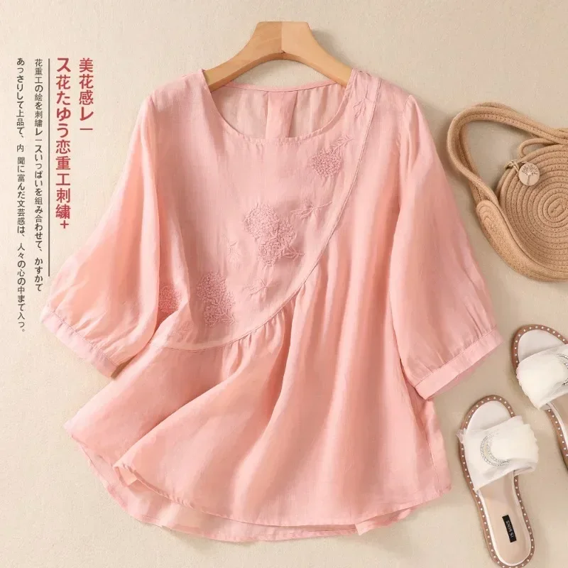 Cotton and Linen T-shirt for Women Round-necklace Clothing Loose Short Sleeve Chinese Style New Summer 2024