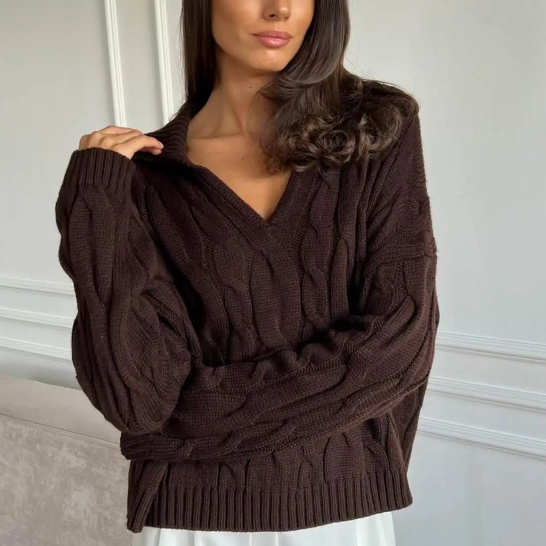 

Шикарный вязаный свитер-пальто с длинными рукавами и узором «косы», пуловер с круглым вырезом для женщин, уличный стиль, свободный крой, зимняя мода