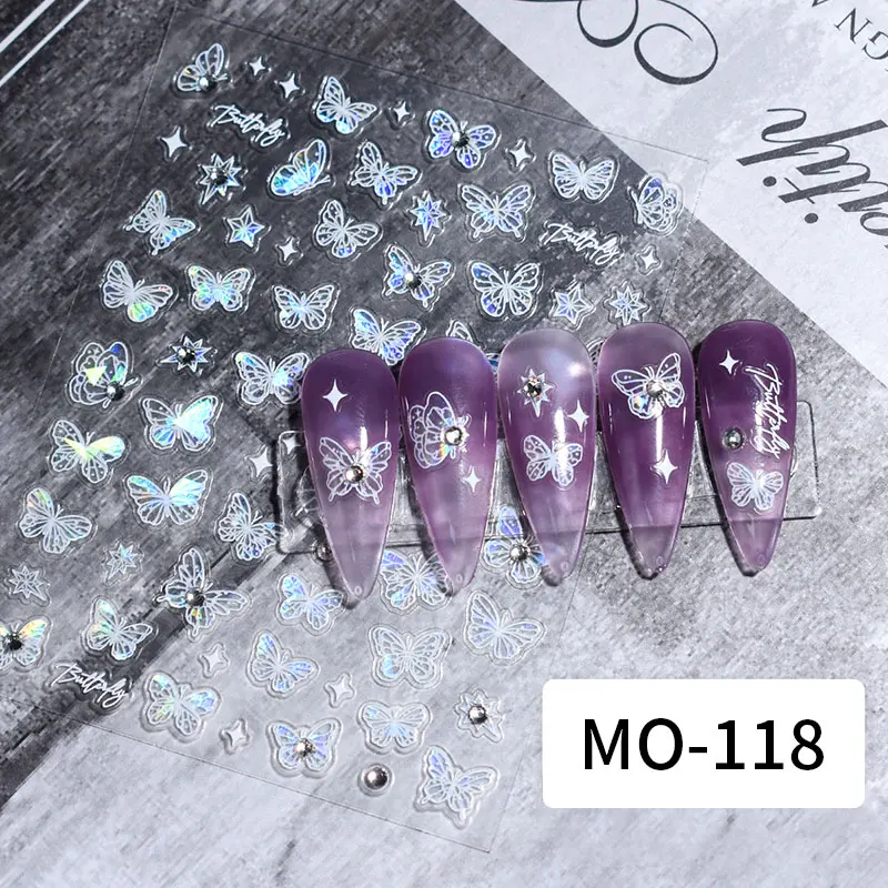 Butterfly 3D Nail Stickers Silver Chrome Effect Laser Sliders Flowers Leaf Nails Self Adhesive Decals Manicure Tips Decorations