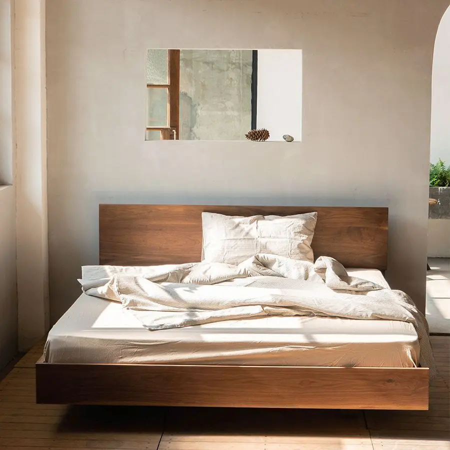 

sh-Japanese-Style Double Bed Floating Solid Wood White Wax Wood Modern Soft Bed for Bedroom No Auxiliary Materials Spliced%