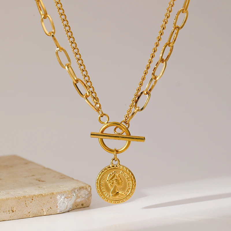 EILIECK 316L Edelstahl Halskette mit Anhänger in Goldfarbe, Porträt-Münzanhänger für Damen, modisches neues Geschenk, OT-Verschluss, Halskette, Schmuck