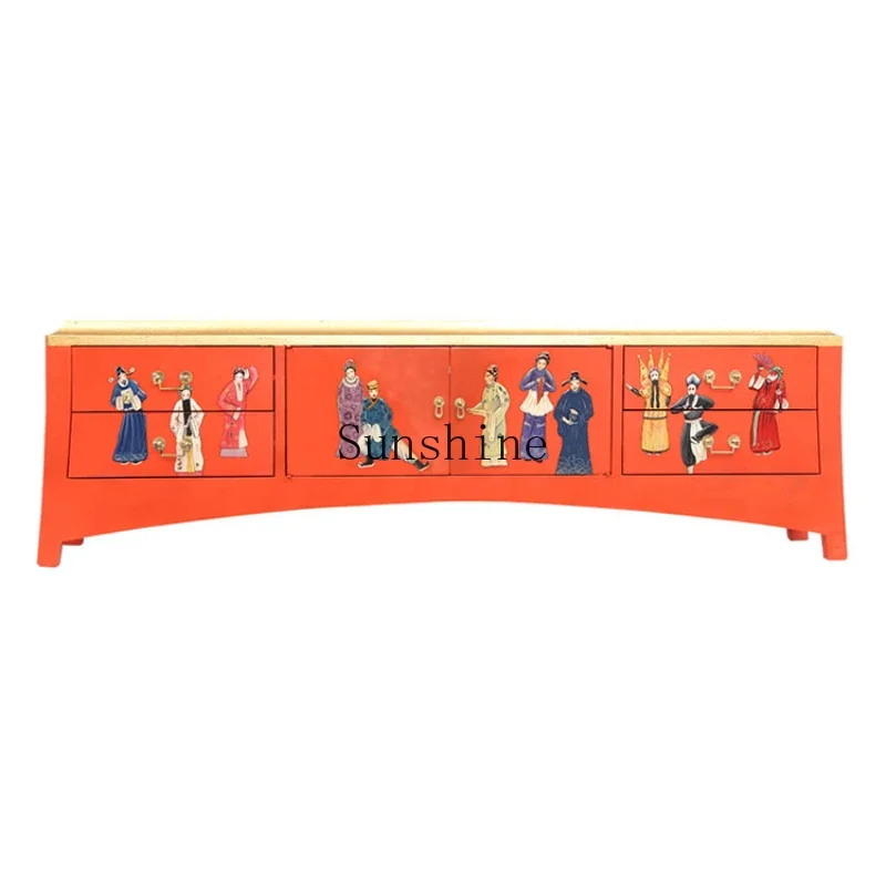 Solid wood orange-red painted Peking Opera personalized art new Chinese living room TV cabinet floor cabinet furniture