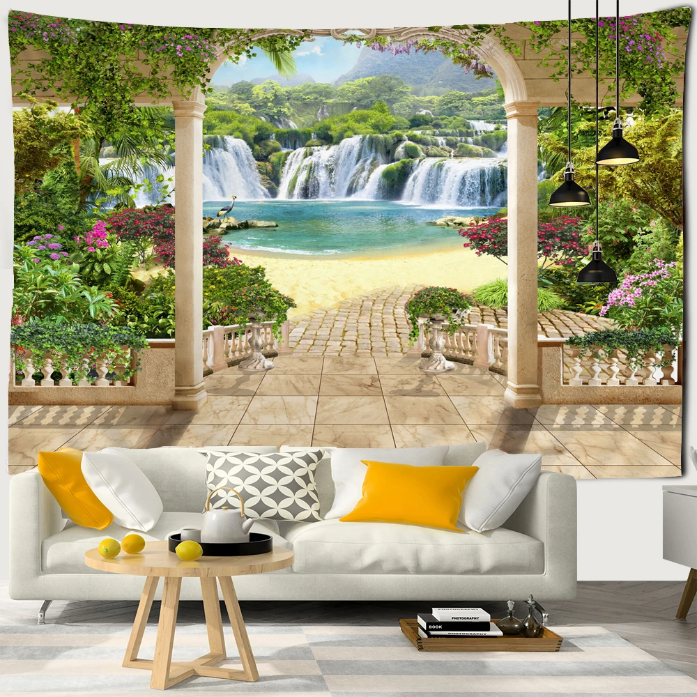 

Nordic Scenery Wall Hanging Landscape Tapestry Polyester Fabric Home Decoration Flower Blanket Sea Beach Wall Cloth Beach Mat