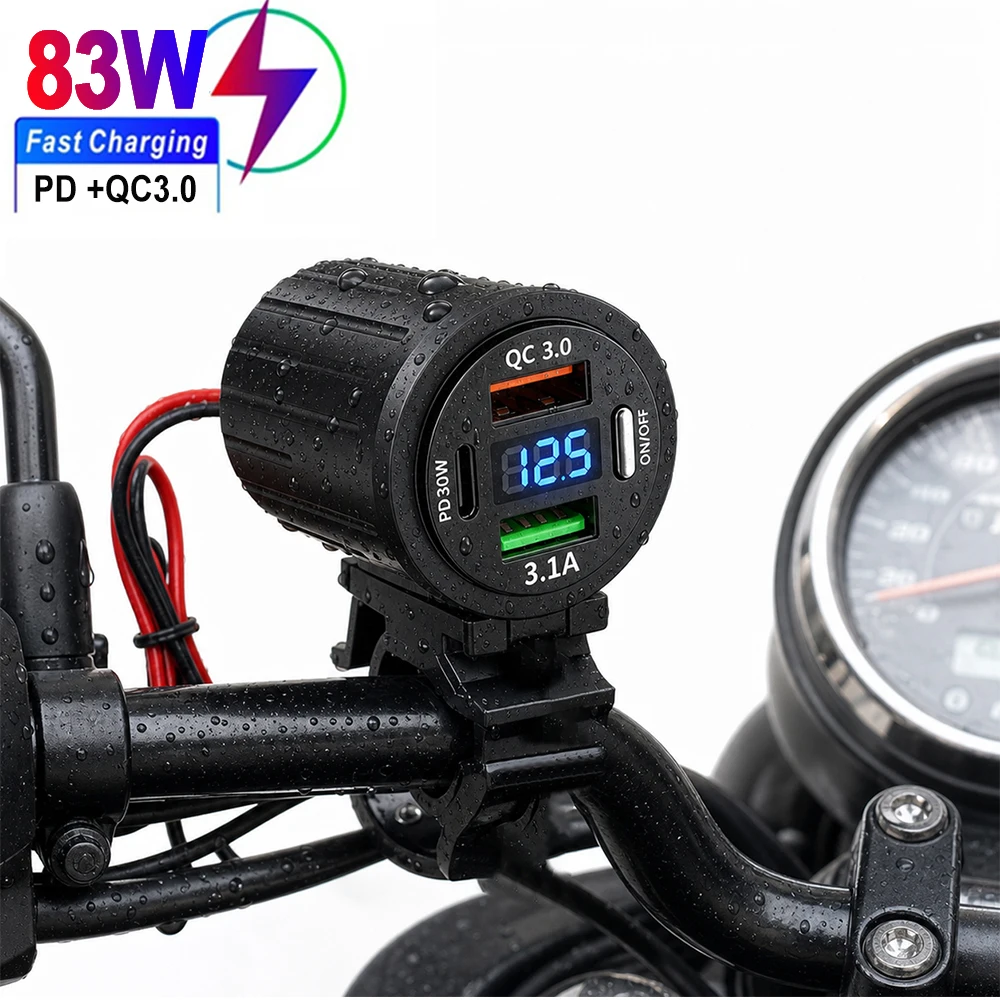 Waterproof  Motorcycle Handlebar USB Charger Cigarette Lighter Adapter 12V Power Socket Type-C Quick Charger For Car Boat ATV