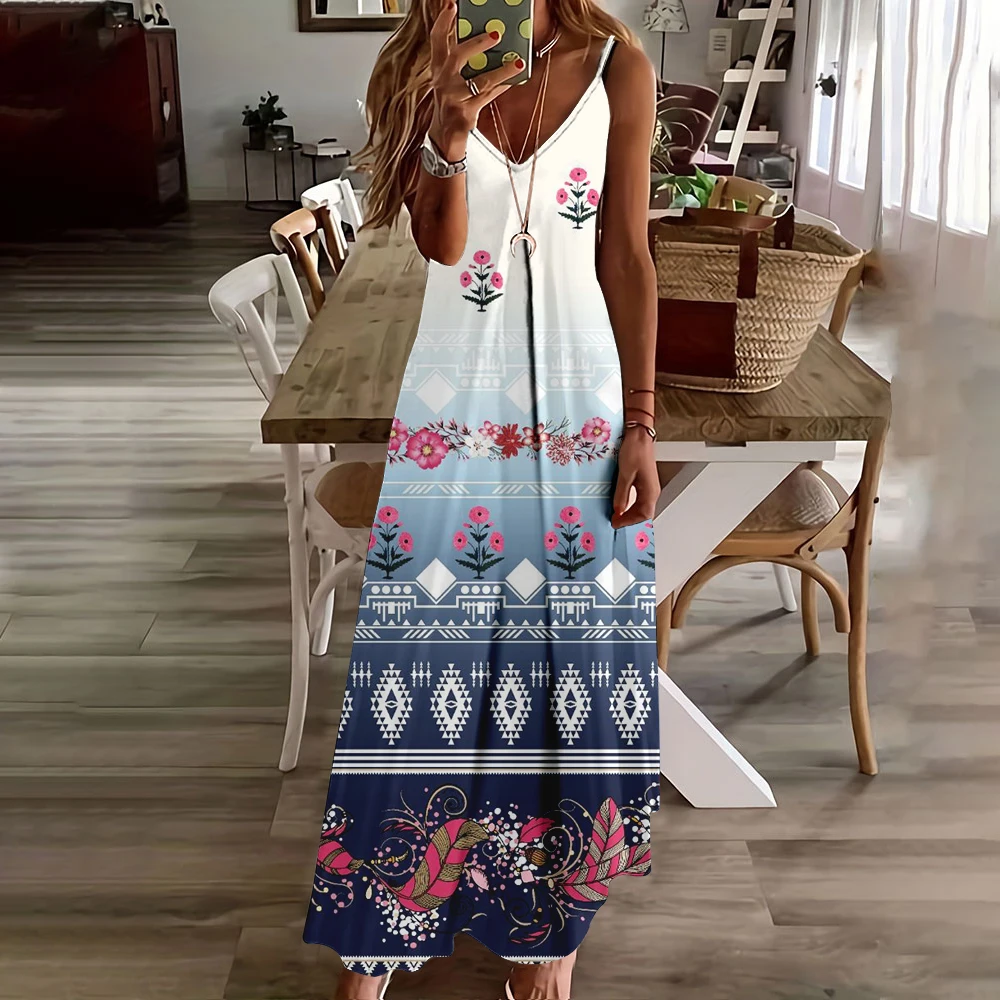 

Vintage Tribal Ethnic Print Spaghetti Strap Dress Women Elegant Dinner Party Long Dresses Bohemian Sleeveless A-line Maxi Dress