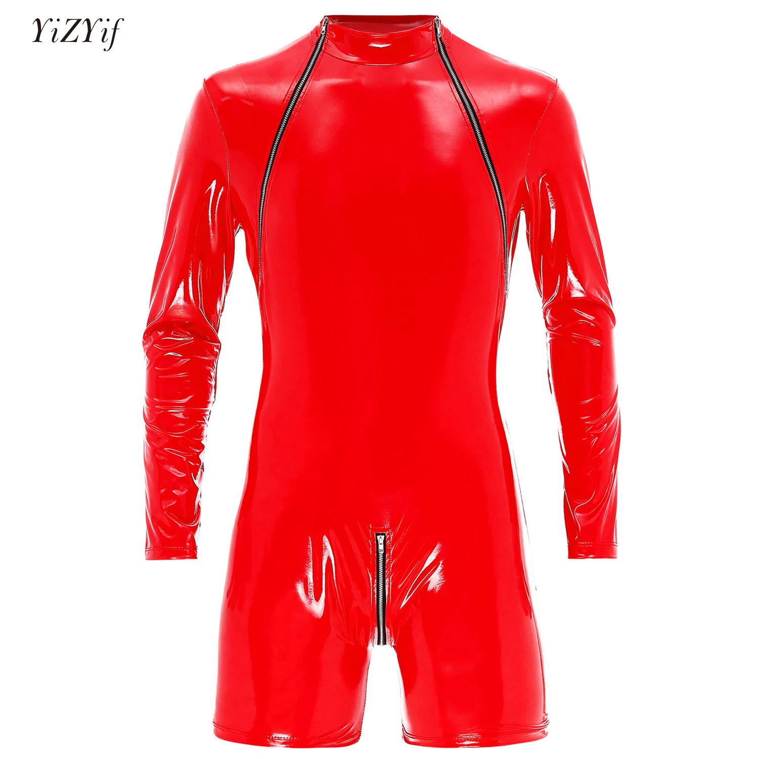 

Mens Wet Look Patent PU Leather Bodysuit Swimwear Latex Catsuit Zipper Crotch Long Sleeve Jumpsuit Sissy Costumes Clubwear