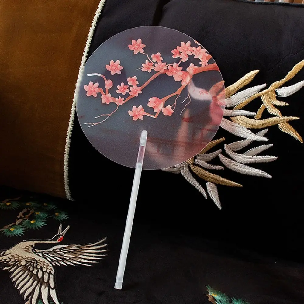Frosted Fan Handle Ancient Long-handled Fan High-looking Anti-break Handheld Round Fan Color Printing Translucent