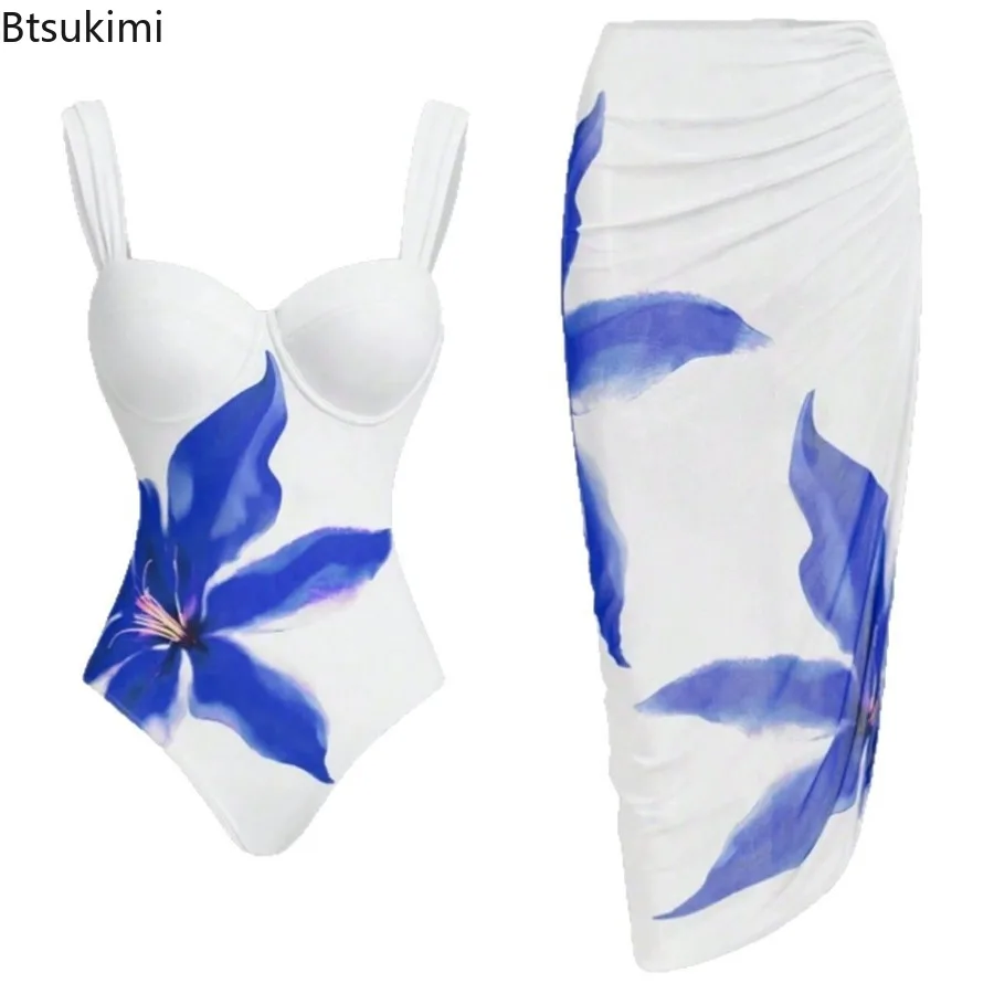 Women's One Piece Swimsuit Floral Printed Style Slim Fit Sexy Beach Skirt Bikini Sets Hot Spring Swimwear Set Bathing Suit New