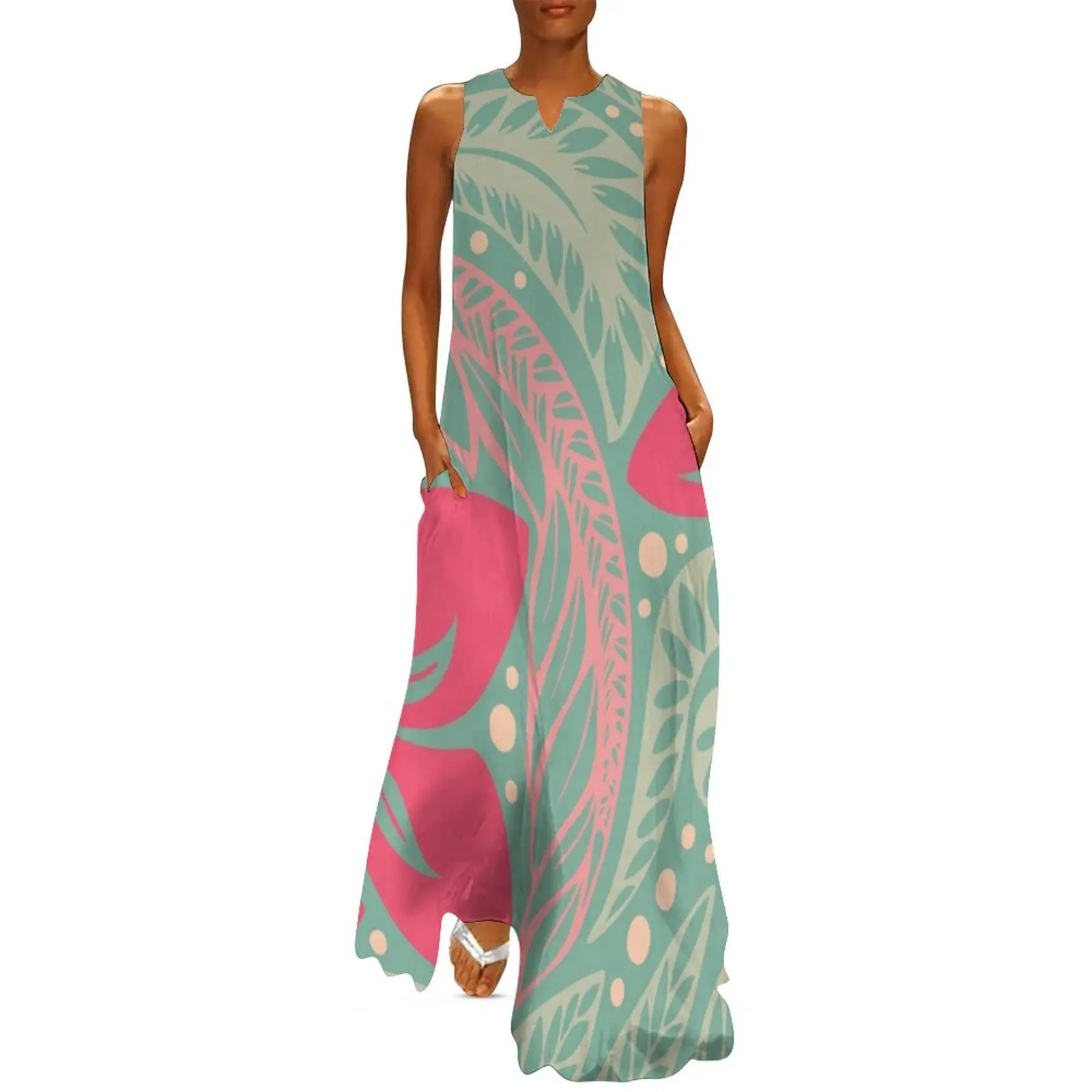 

Polynesian Hawaiian green pink floral tattoo design Long Dress prom dresses 2024 long dress women summer