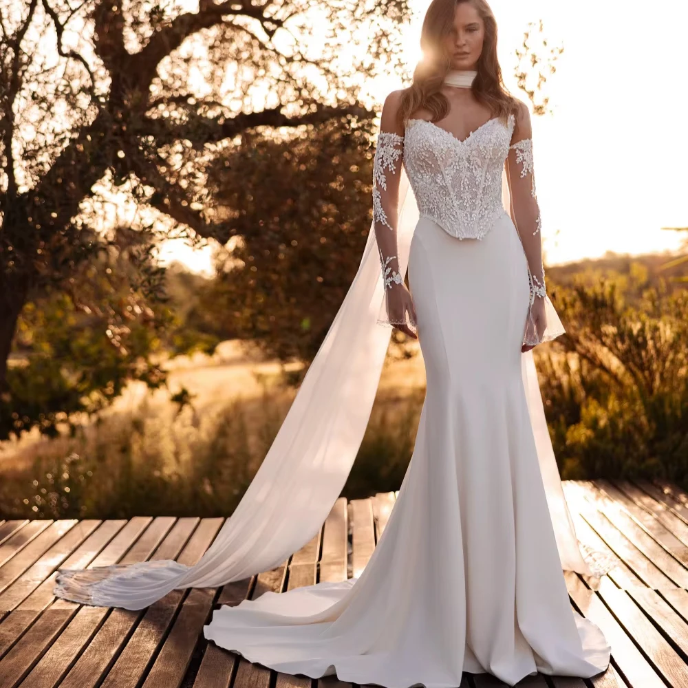 Customized With Corset Beaded Satin Long Wedding Dress Elegant Sweetheart Neck Mermaid Bridal Gown Dreamy Bridal Gown
