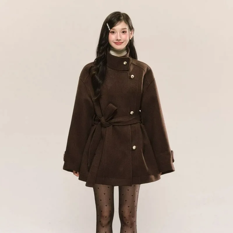 Trendy Retro High-end Stand-up Collar Woolen Coat Autumn Winter Lace-up Cinches Waist Slimming The Figure Stylish Brown Overcoat
