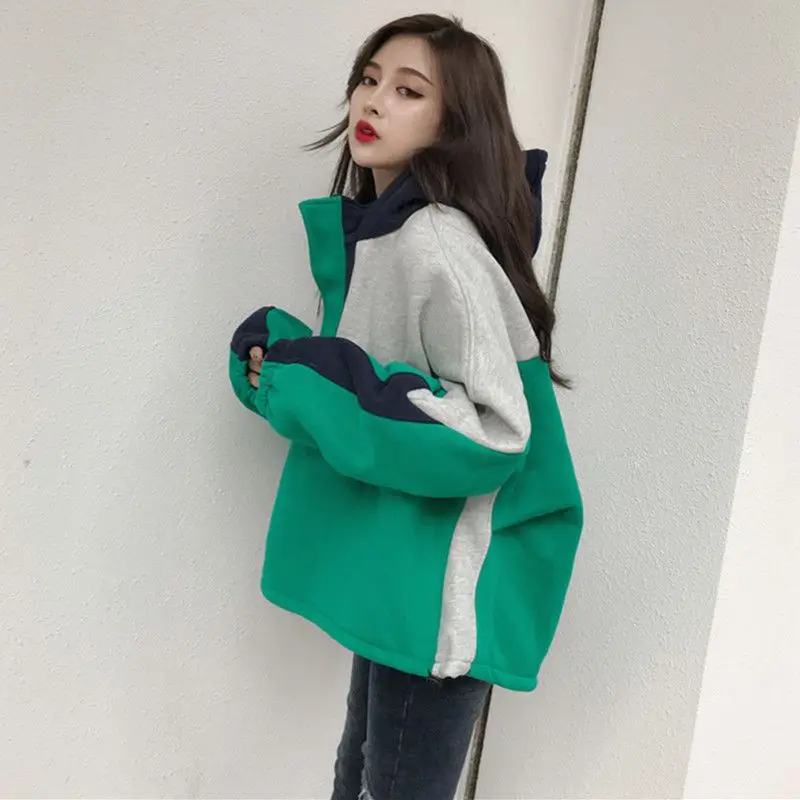 

Women Shoujo Aesthetic Hoodies Patchwork Sprot Green Sweatshirts Y2K Autumn Thicken Vintage Oversized Zip Up Hoodies Inner Suede