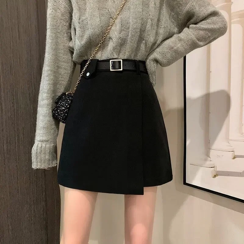 With Belt Autumn and Winter High Waist A- line Skirt Black Skirt for Women Woman Skirts Faldas Jupe