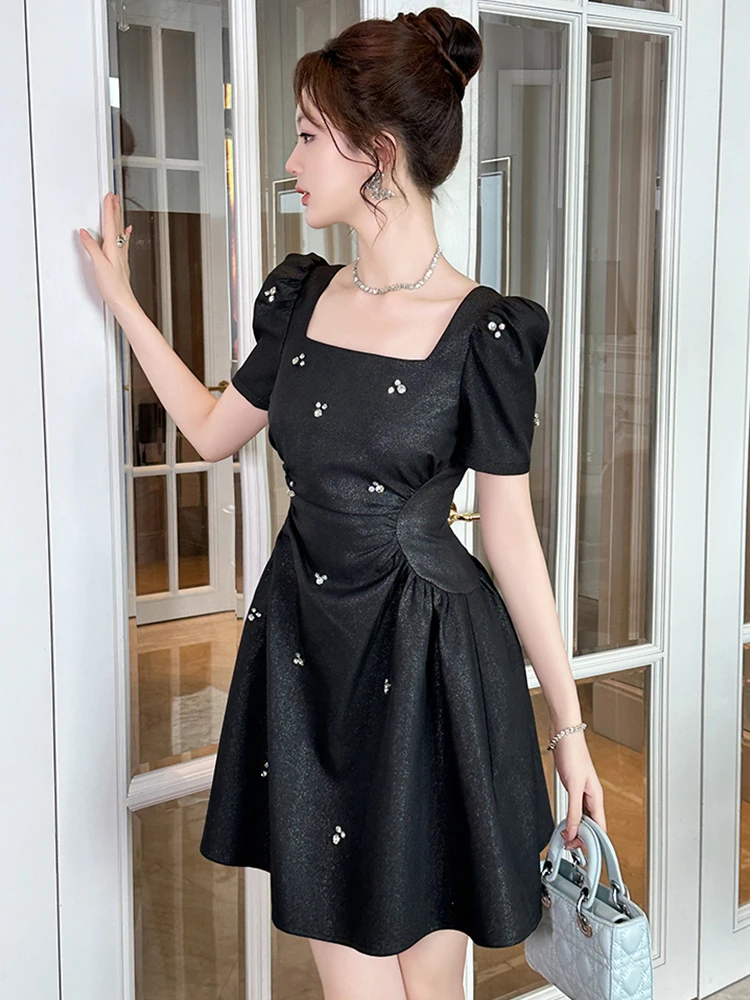 ผู้หญิงหรูหราชุดเจ้าหญิงหวานสุภาพสตรีภาษาฝรั่งเศสคําเพชรพับเอวจีบชุดหญิง PARTY PROM Vestidos NIght Club เสื้อผ้า