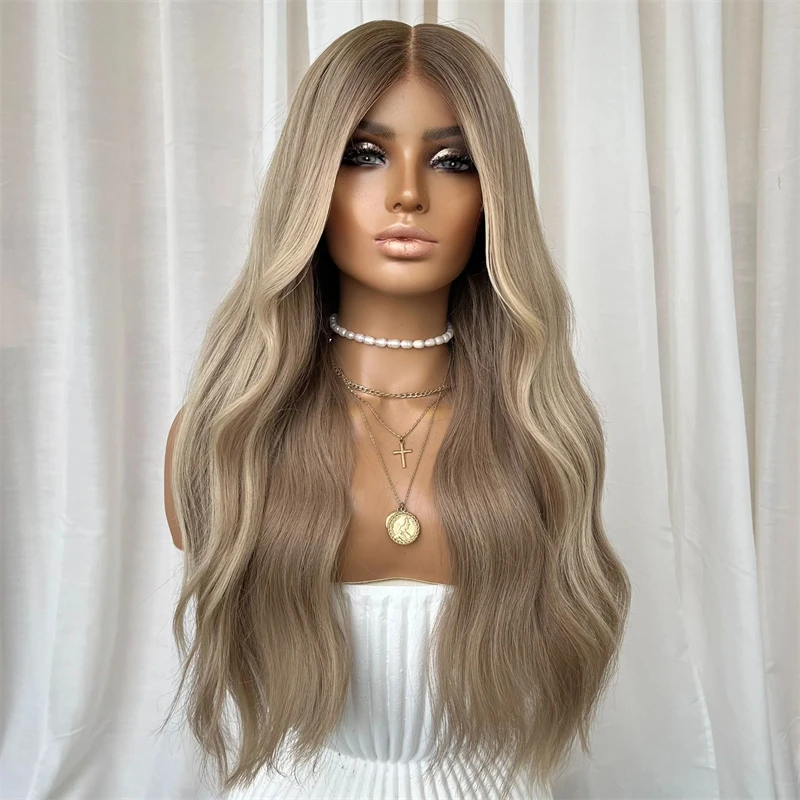 

Glueless Wigs Ombre Brown Blonde Synthetic Lace Front Wig 28 Inches Natural Preplucked Hairline Heat Resistant Party Daily Hair