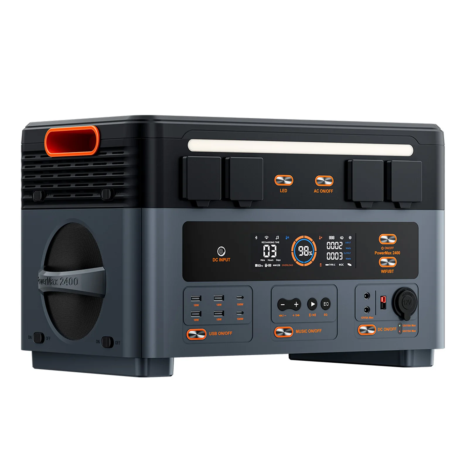 

Портативная электростанция OSCAL PowerMax 2400, 2400 Вт, аккумулятор 1872 Вт·ч, два динамика, быстрая зарядка за 1,2 часа, управление через приложение, LED-подсветка, 16 выходов