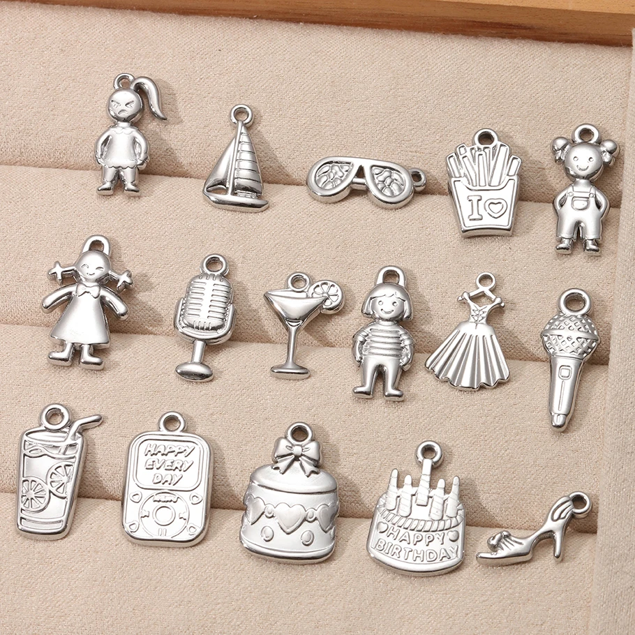 5pcs Kawaii French Fries Drink Cake Creative Pendant Party Heels Skirt Sunglasses Little Girl Stainless Steel DIY Charms Making
