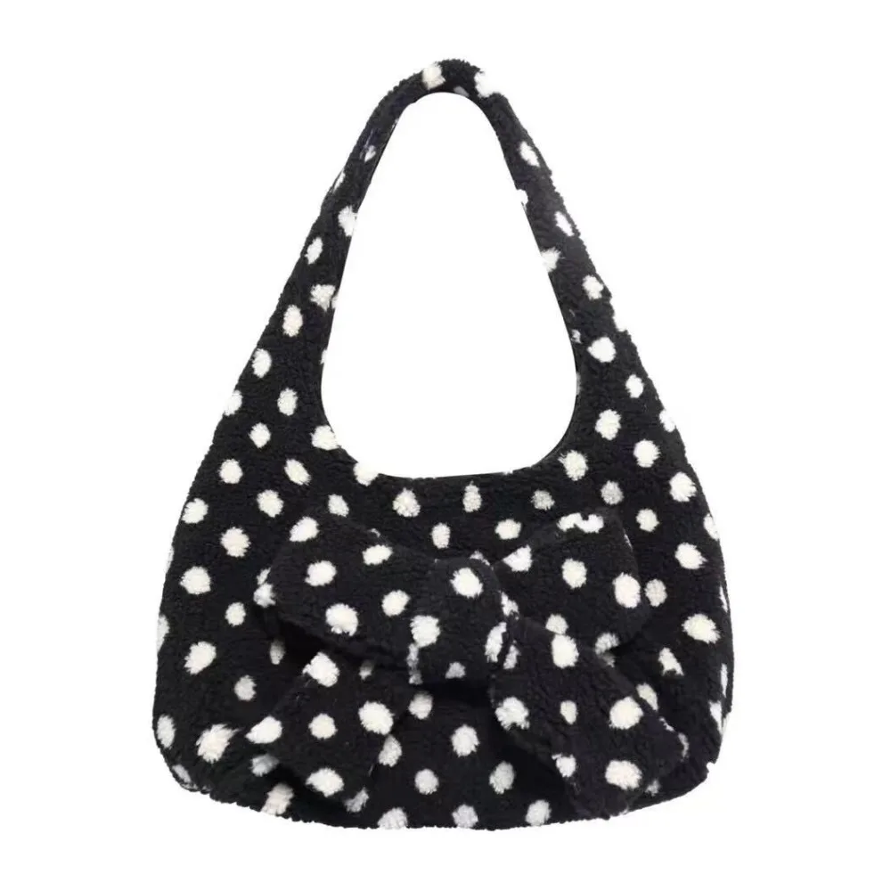 

Polka Dots Women's Shoulder Bag Bow Decoration Fluffy Commuting Tote Bag Fabric Casual Simple Handbag For Ladies and Girls