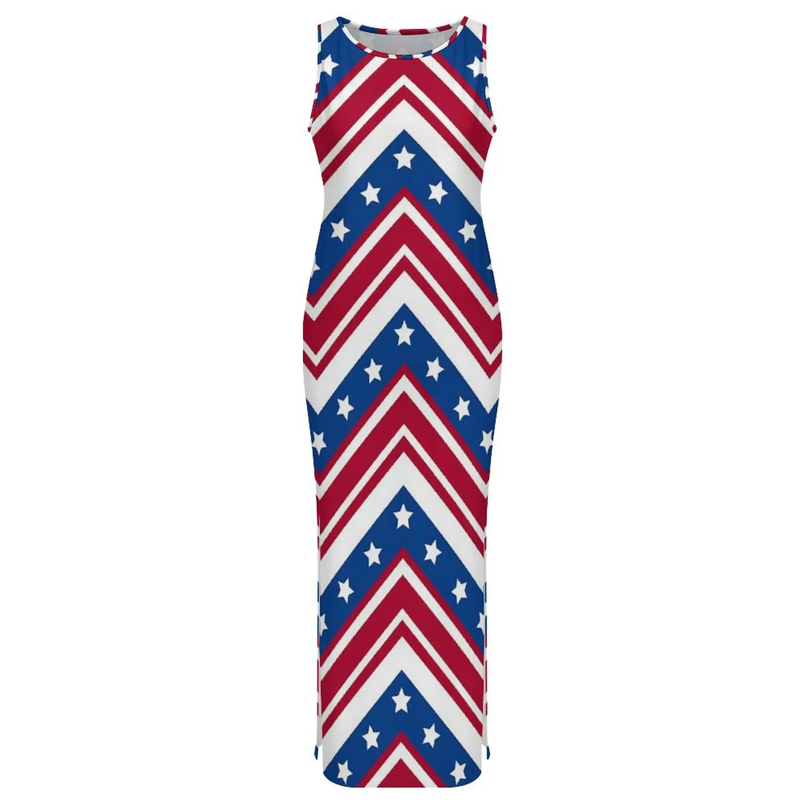 Abito aderente da donna Elegante bandiera USA Maxi abiti estivi Rosso bianco e blu Zigzag senza maniche Casual Y2k Abito fai da te personalizzato