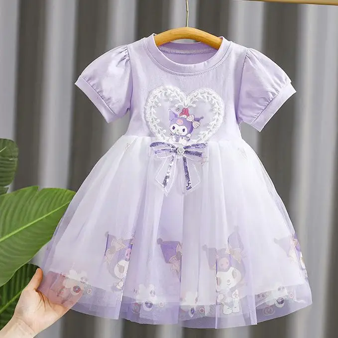 Vestido de Moda para Meninas, Primavera e Outono, Vestido de Princesa com Estampa de Cartoon Kuromi, Manga Curta, para Crianças de 2 a 6 Anos, Fantasia para Festa de Aniversário
