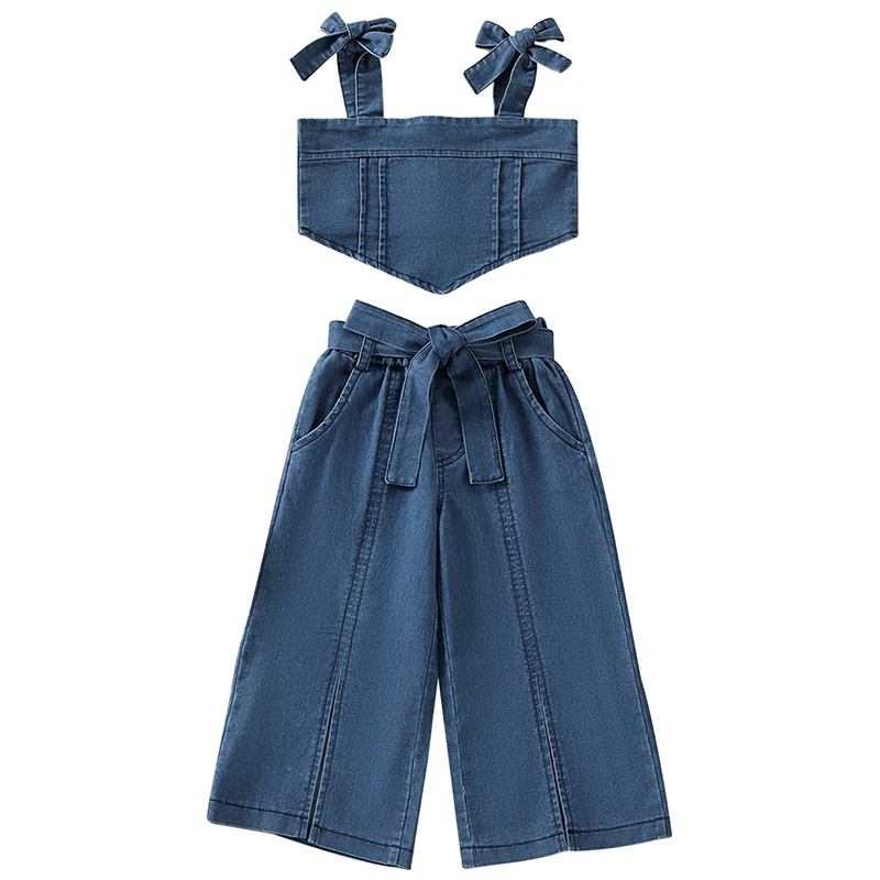 

2Piece Set Summer Outfit Kids Clothes Girls Korean Fashion Denim Sleeveless Cotton Tops+Loose Jeans Baby Boutique Clothing BC322