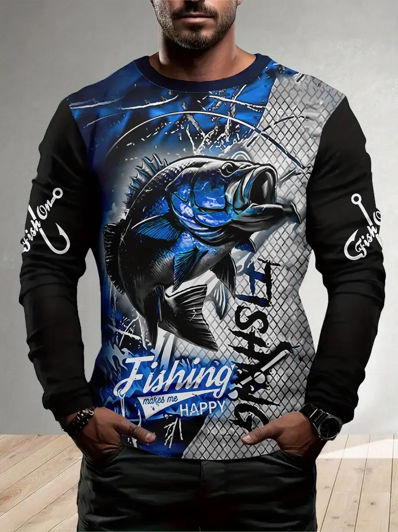 الرجال في الهواء الطلق الصيد طويلة الأكمام تي شيرت ثلاثية الأبعاد الأسماك طباعة الجولة الرقبة التي شيرت الصيف بلوزة فضفاضة غير رسمية المتضخم الرجال ملابس الصيد #1