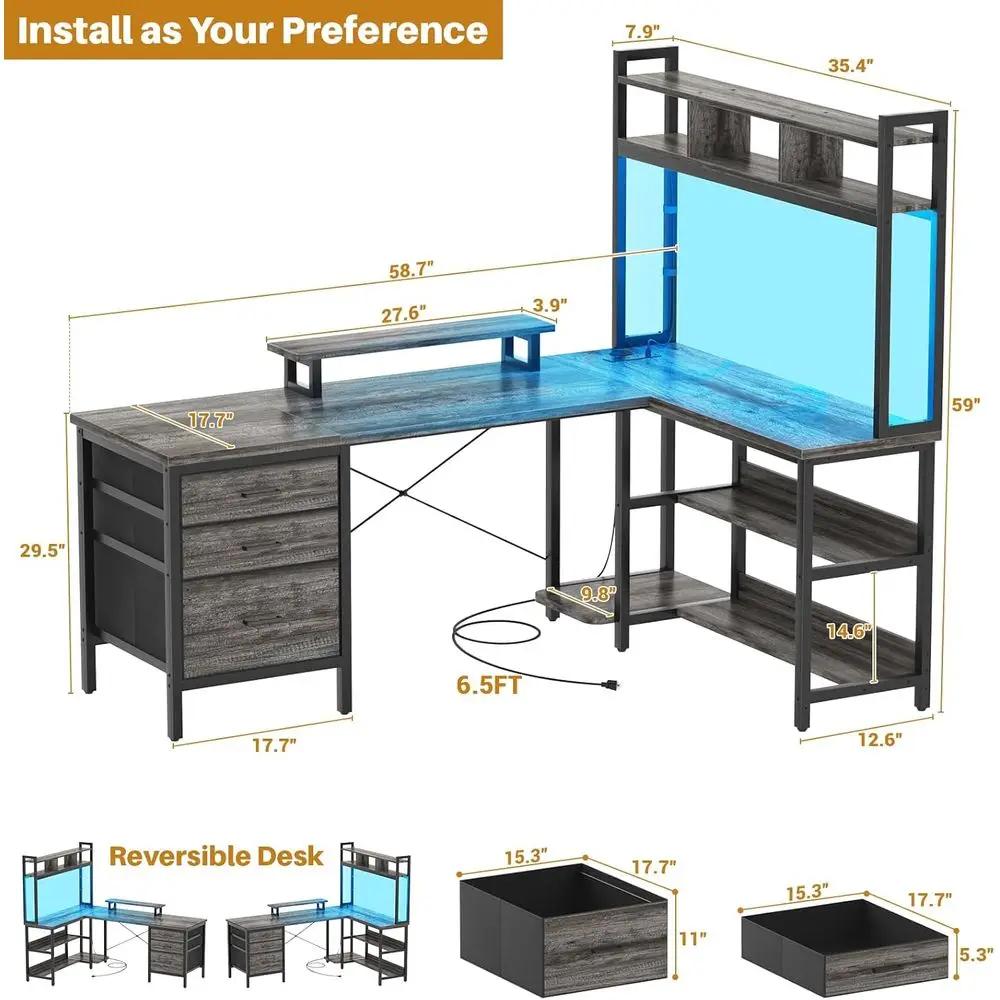 L-Shaped Desk with LED Gaming Lights, Reversible Power Outlet, Cable Management & Monitor Stand, Storage Solutions for Home Offi