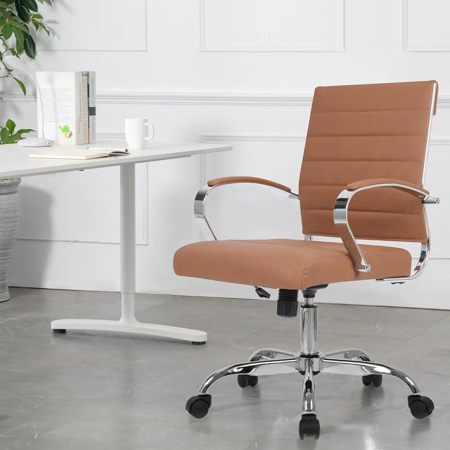 Office Chair Mid Back Desk Chair PU Leather Ribbed Executive Swivel Computer Chair with Wheels and Armrests Soft Padded Adjustab