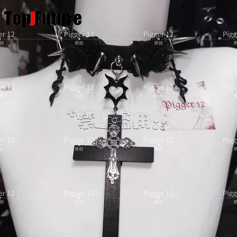 Women\'s Harajuku Steampunk Y2K The Spice Girls Punk “Angel Party”  Cross metal necklace Dark leather collar  Choker  Chokers