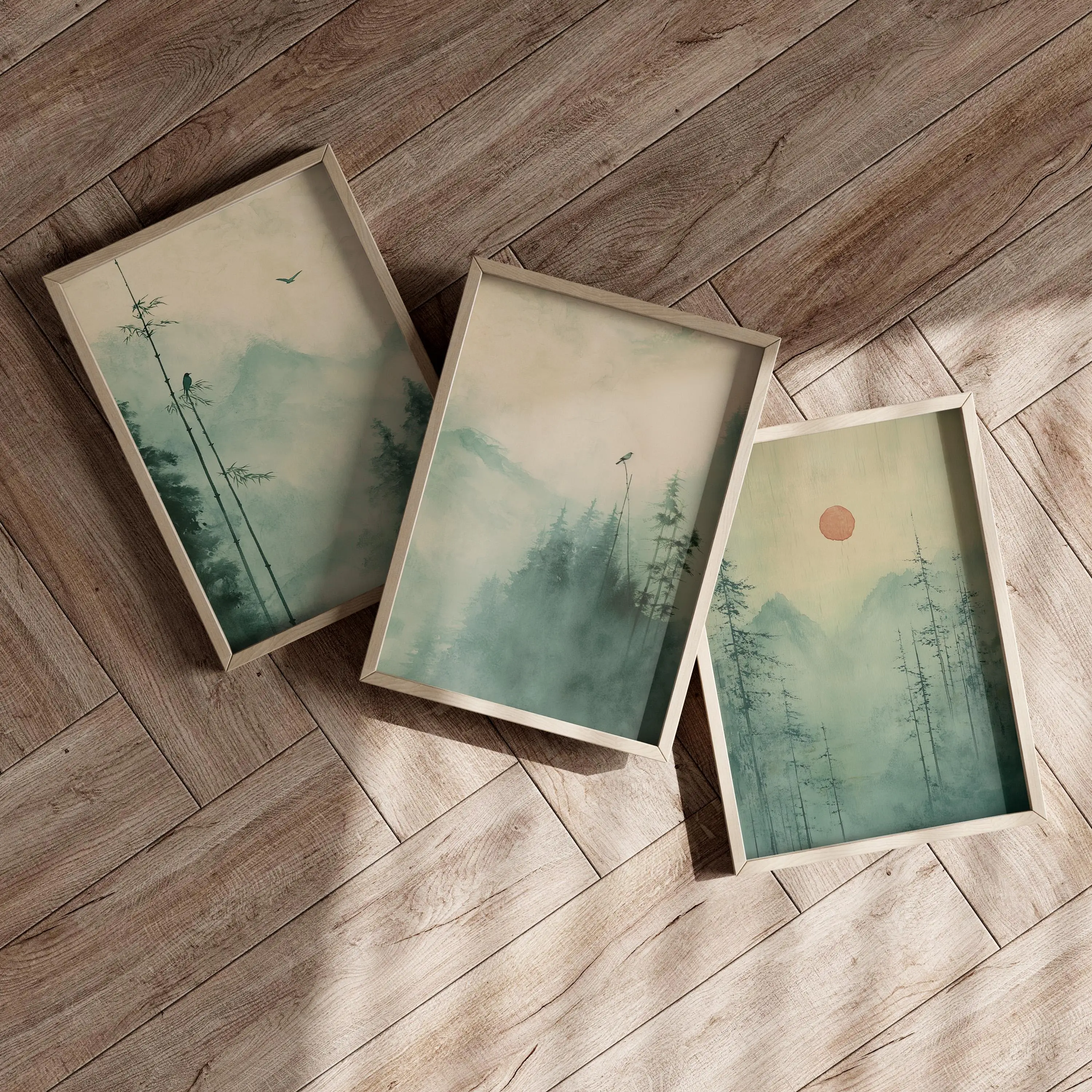 3pcs Japanese Green Landscape Art Print Zen-Inspired, Serene Natural Scenery—Frameless Poster on Canvas for Living Room Decor
