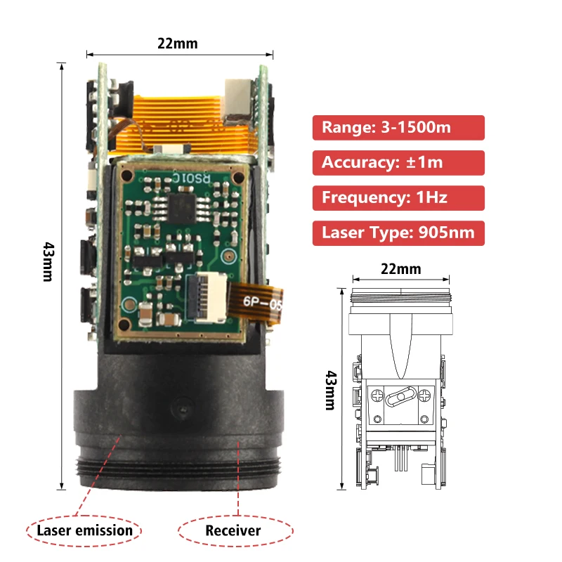 TC22 1000m Micro Sensor de tempo de vôo para drone Arduino Laser Rangefinder Sensor Módulo LRF para visão de arma
