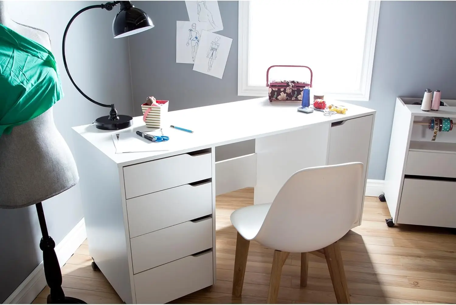 Farmhouse Craft Table on Wheels with Sliding Shelf, Storage Drawers and Scratchproof Surface, Pure White