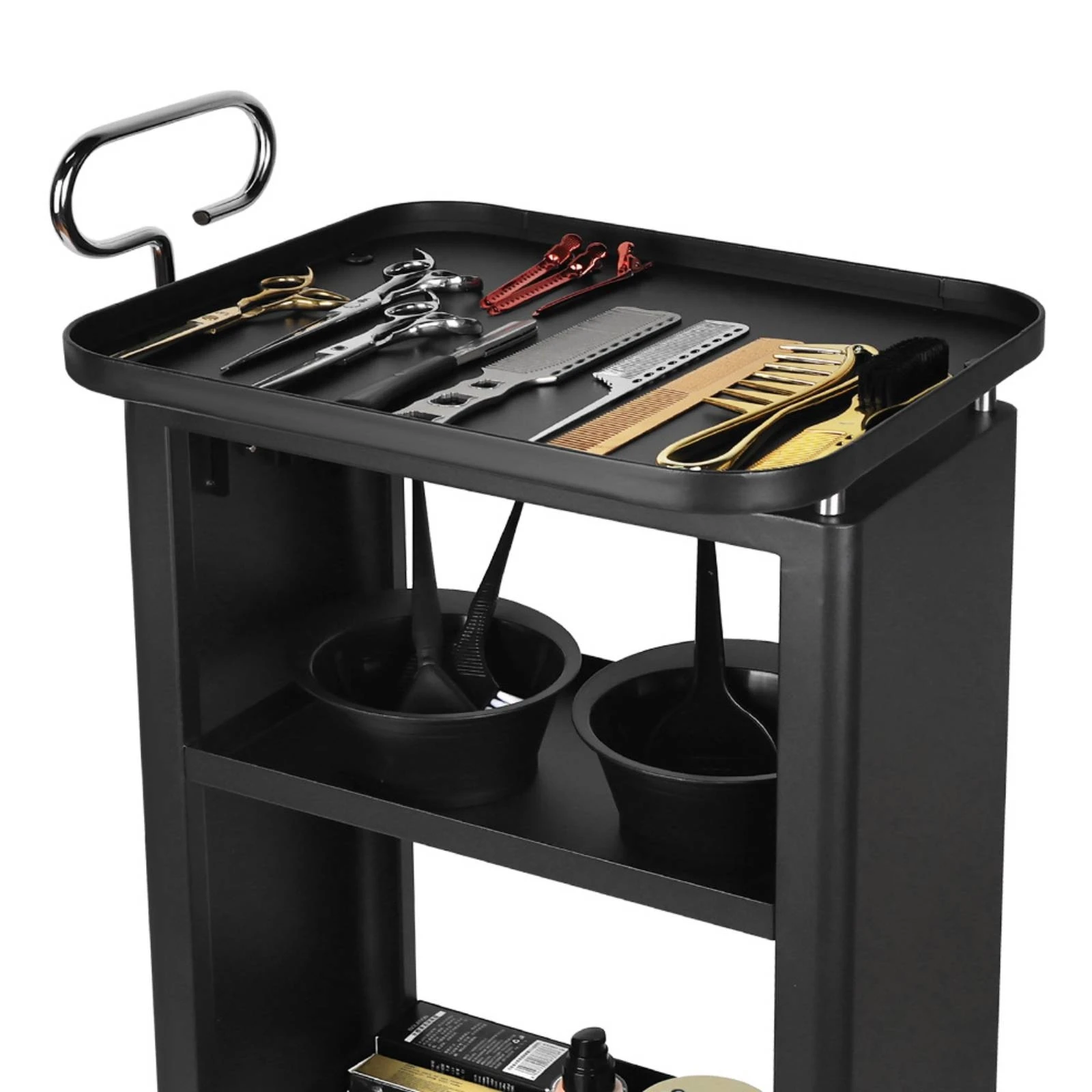 Salon Trolley Metal Hairdressing Trolley Hair Stylist Station Open Shelving Rolling Cart Black for Hairdressers